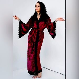 Foxblood Red Bathory Velvet Dressing Robe Lace Trim Bell sleeves Tie Front